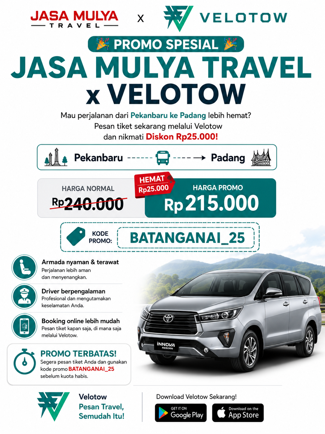 Diskon Rp25.000! Pesan Travel Pekanbaru Padang Jasa Mulya Travel Lebih Mudah di Velotow