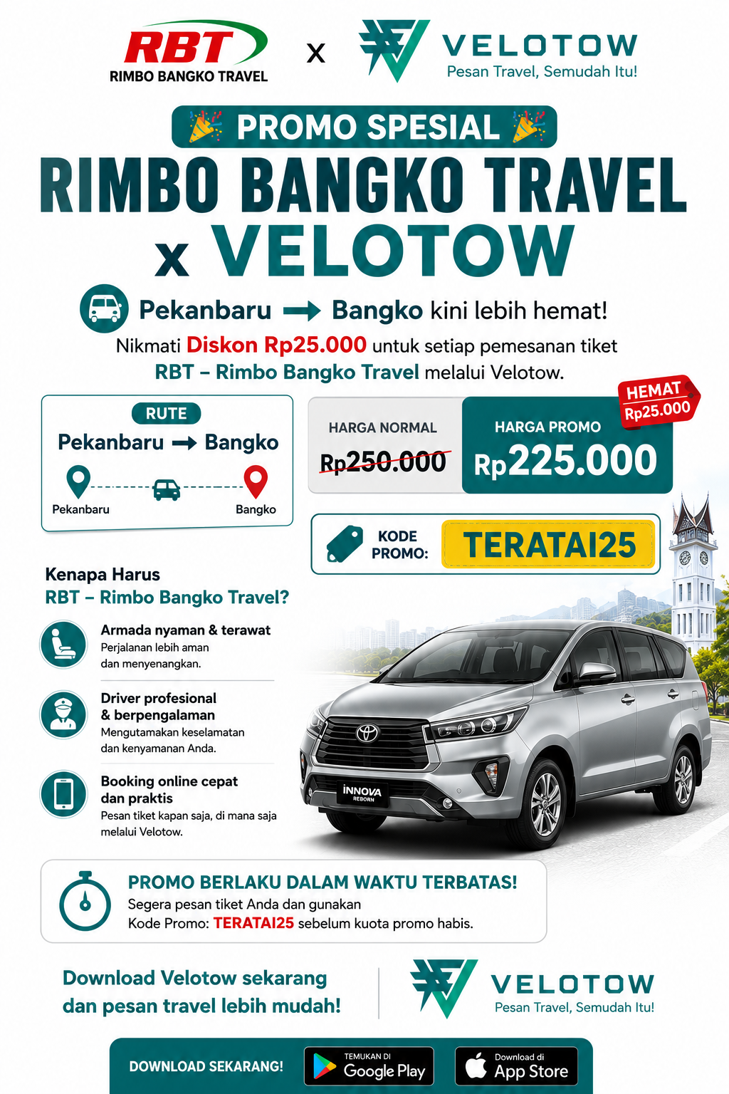 Travel Pekanbaru Bangko Bersama Rimbo Bangko Travel, Nikmati Diskon Rp25.000 di Velotow