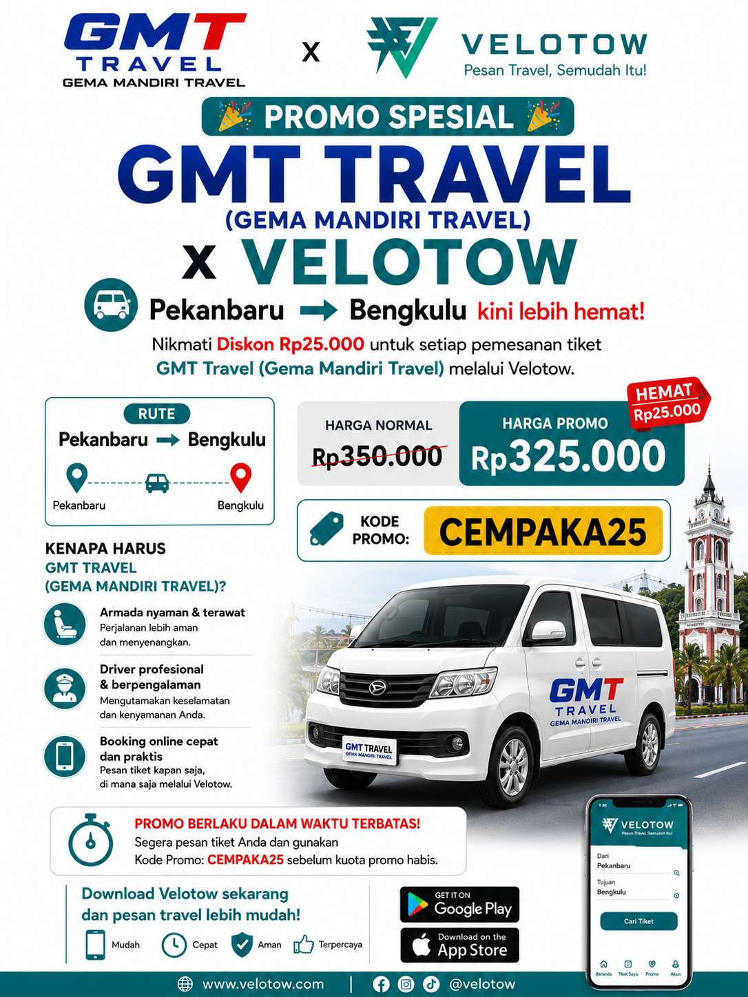 Promo Travel Pekanbaru Bengkulu! Diskon Rp25.000 GMT Travel pesan di Velotow