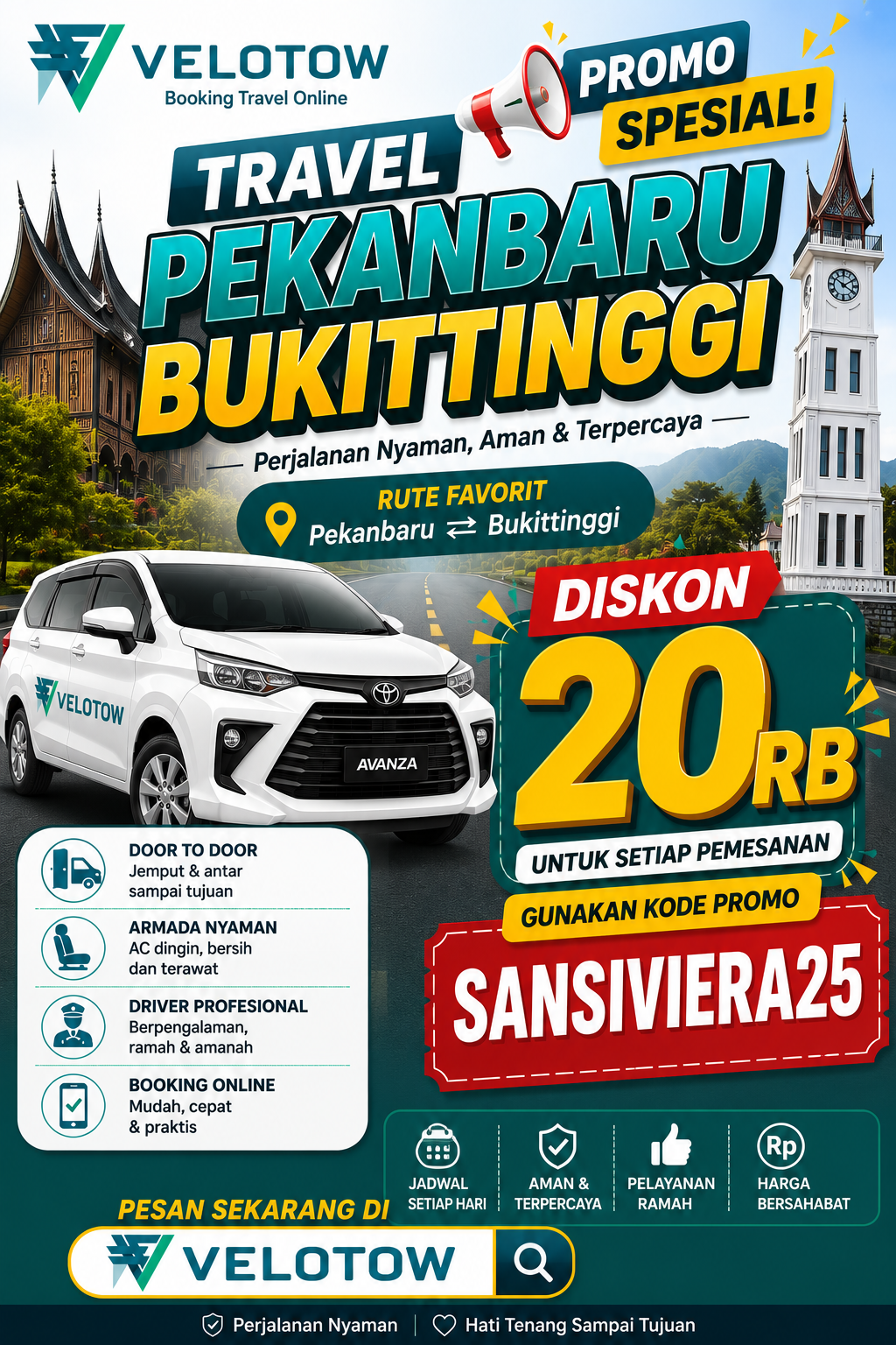 Promo Travel Pekanbaru Bukittinggi Diskon Rp20.000, Lebih Hemat pesan di Velotow